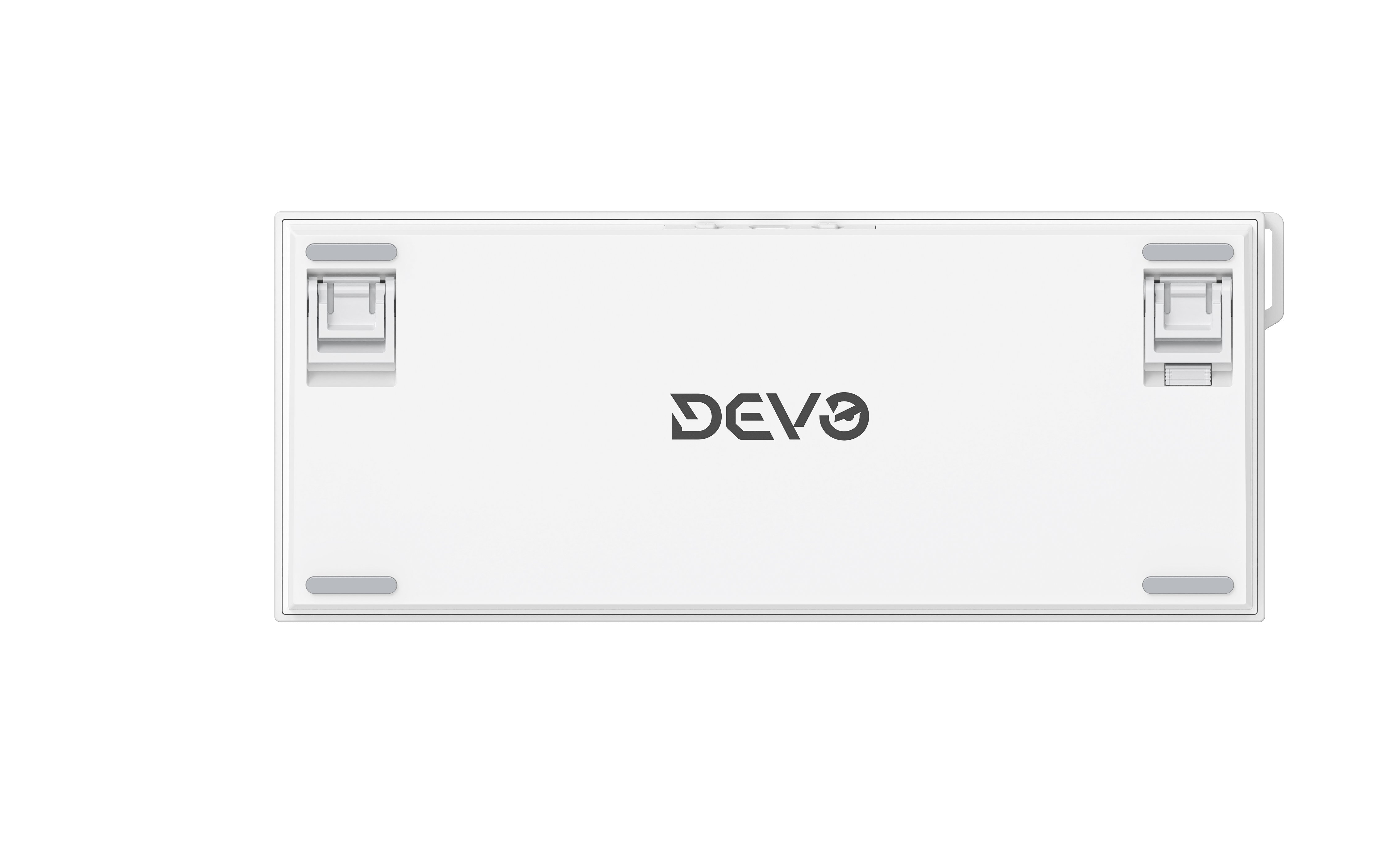الجهة السفلية للوحة مفاتيح Devo MagneticStrike البيضاء مع قواعد قابلة للتعديل